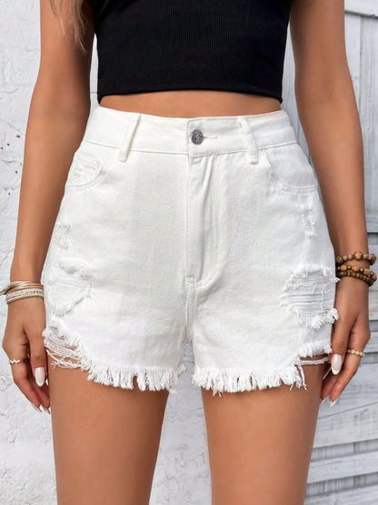 White distressed raw hem high-rise denim shorts by Trendsi, featuring a casual fit and frayed edges, perfect for summer wear.