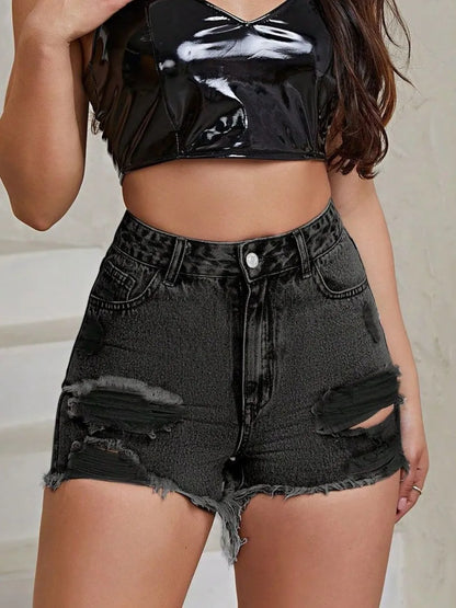 White distressed raw hem high-rise denim shorts by Trendsi, featuring a raw hem and high waist design.