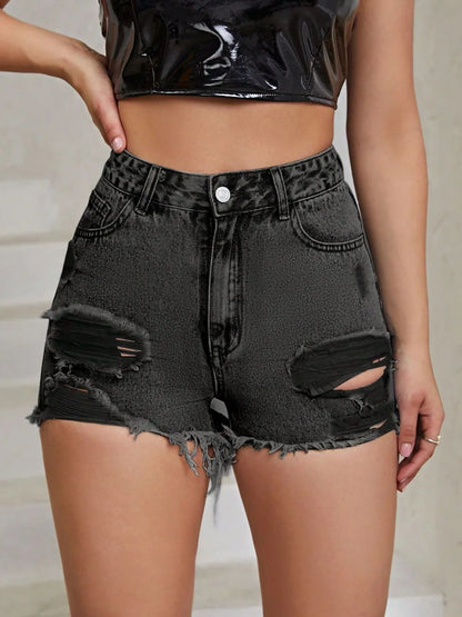 White distressed raw hem high-rise denim shorts by Trendsi, featuring a fitted waist and frayed hem detail.