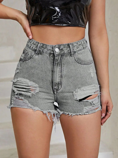 White distressed raw hem high-rise denim shorts from Trendsi featuring a raw hem and high waist design.