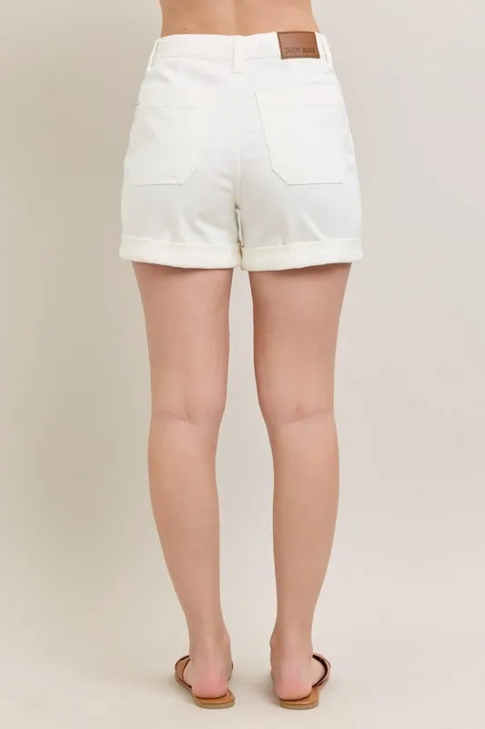 Plus size Judy Blue high waist cuff denim shorts, full size, stylish and comfortable for warm weather.