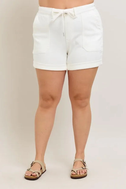 Plus size Judy Blue high waist cuff denim shorts featuring a relaxed fit and classic denim wash.