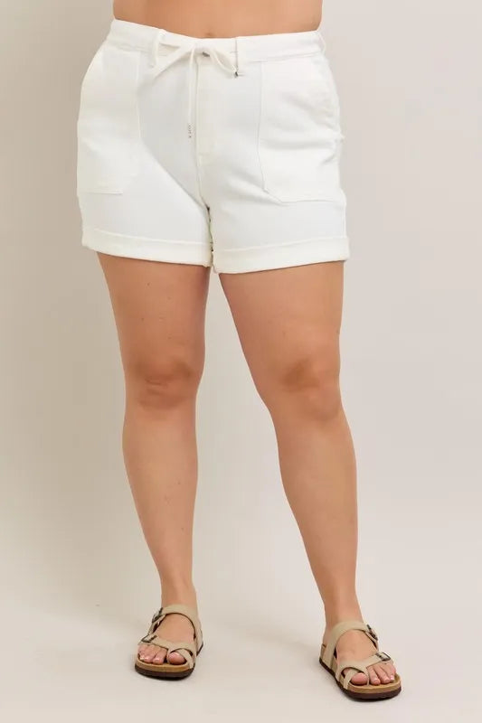 Plus size Judy Blue high waist cuff denim shorts, full-length with stylish cuff detail, casual summer fashion by Trendsi.