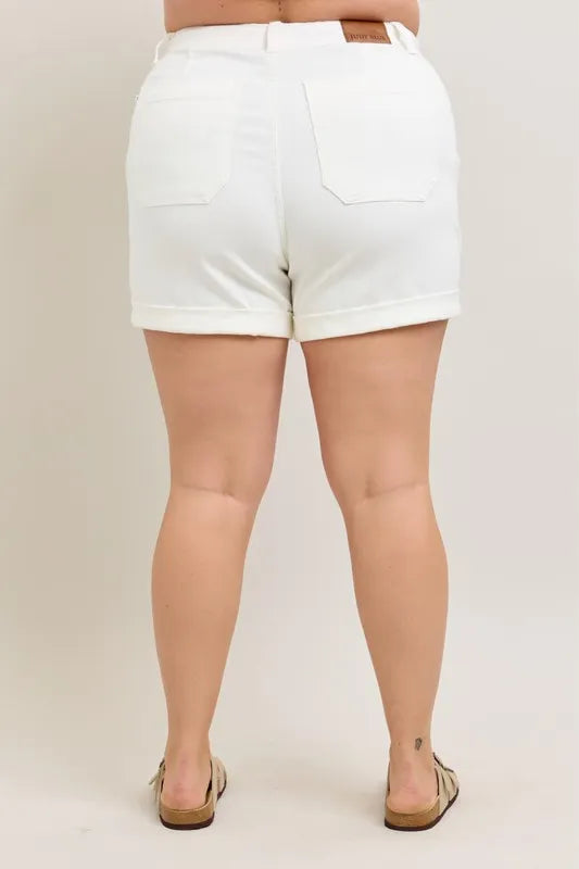 Plus size Judy Blue high waist cuff denim shorts, full size, showcasing the stylish fit and classic denim design.