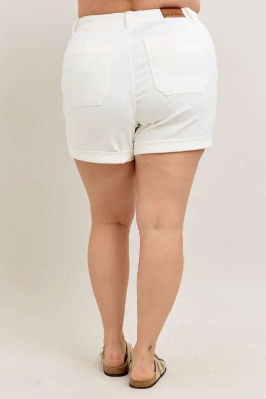 Plus size Judy Blue high waist cuff denim shorts with a relaxed fit, featuring a stylish cuffed hem and classic denim look.