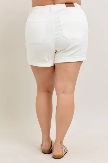 Plus size Judy Blue high waist cuff denim shorts with a relaxed fit, featuring a stylish cuffed hem and classic denim look.