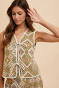 Yellow-green multi Annie Wear ethnic woven jacquard vest with tie-front design, featuring intricate patterns and lightweight fabric.