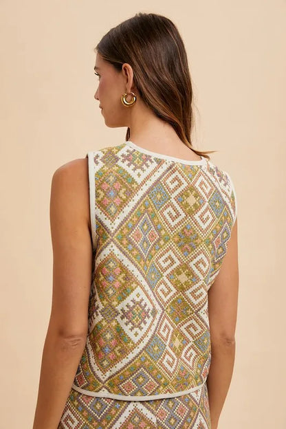 Yellow-green multi Annie Wear ethnic woven jacquard tie-front vest with intricate pattern and woven texture.