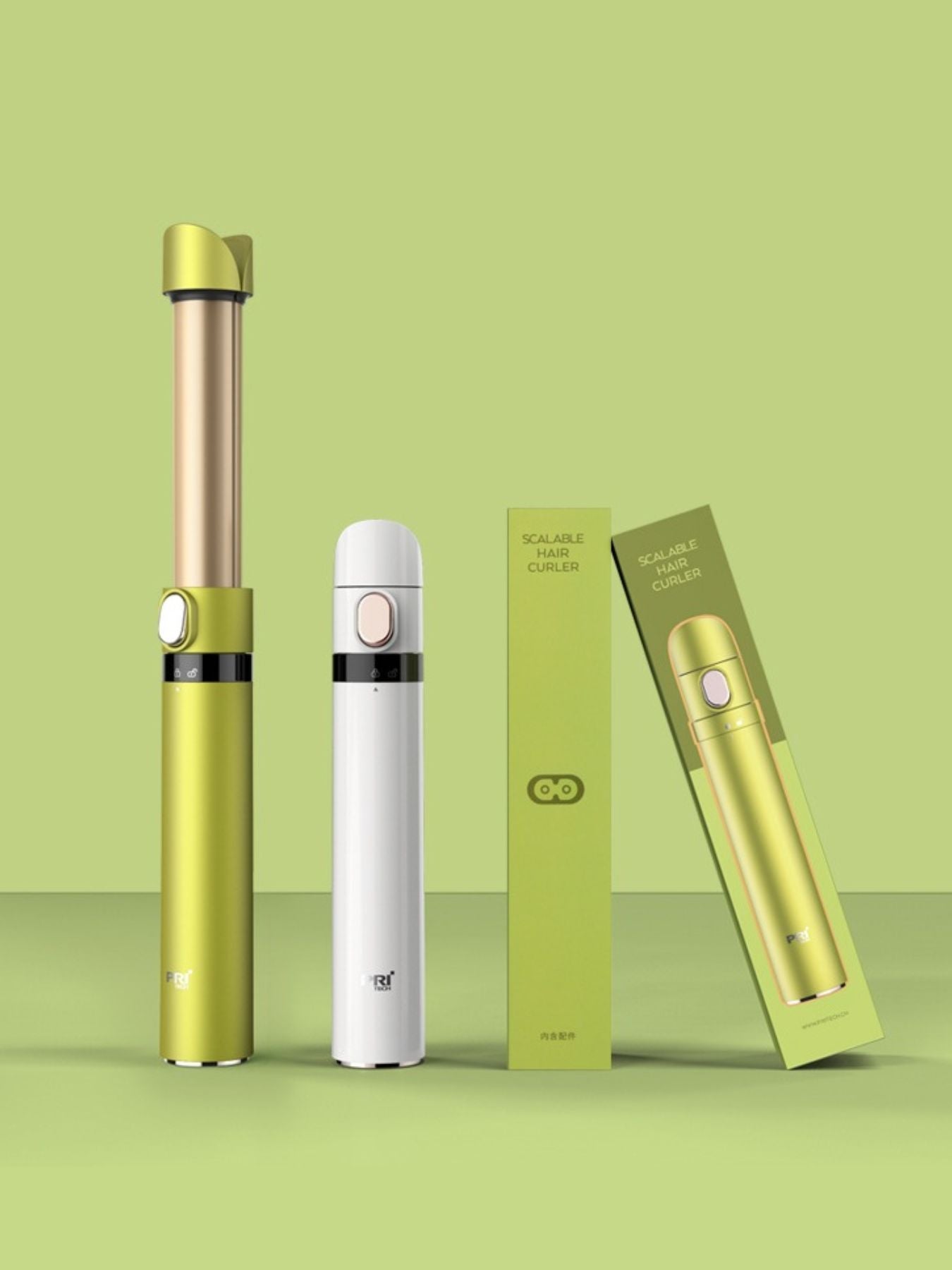 Yellow and green portable hair curling iron by Trendsi, compact design with a one-size barrel for easy styling on the go.