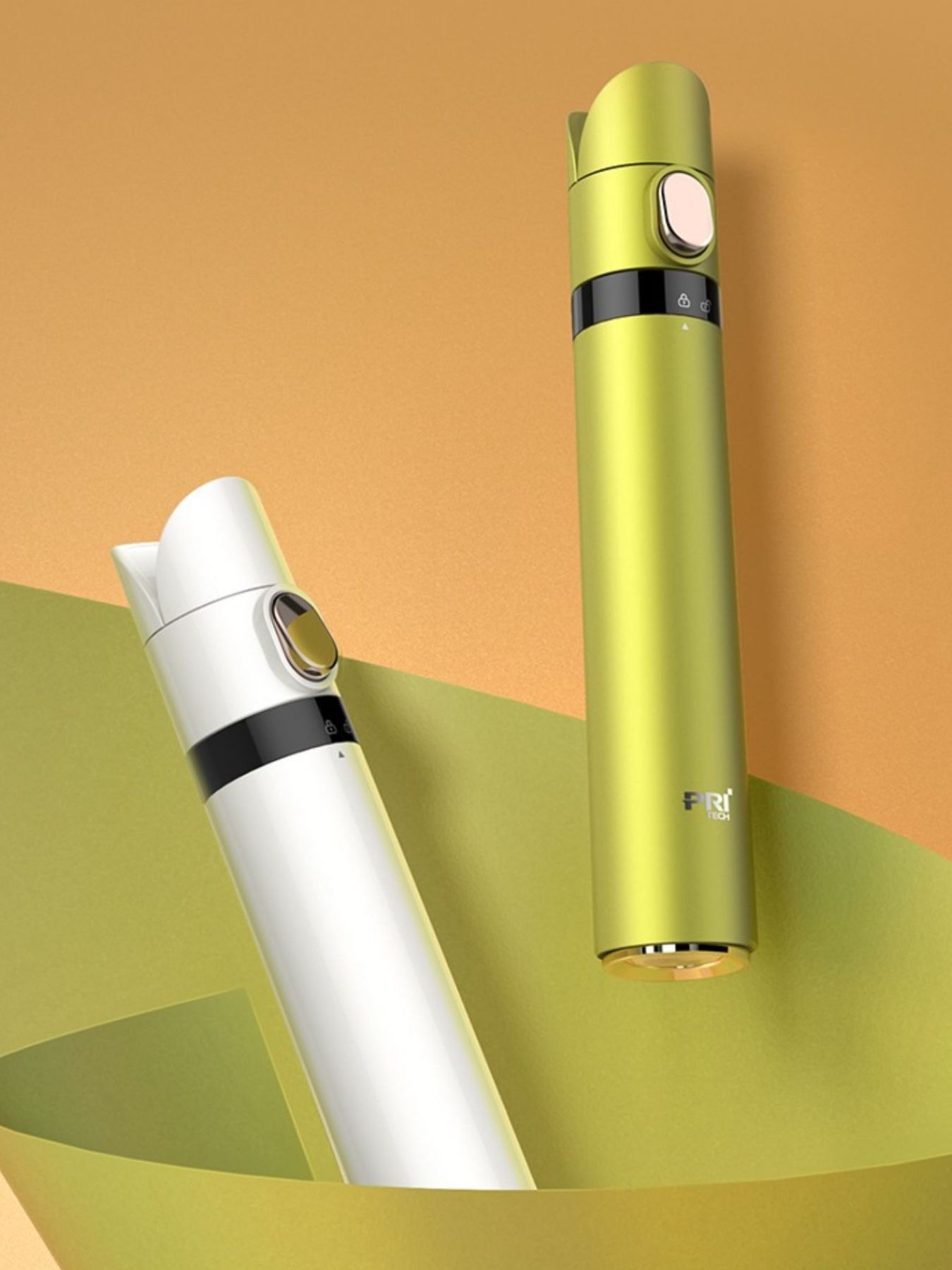 Yellow and green portable hair curling iron by Trendsi, compact design for easy styling on the go.