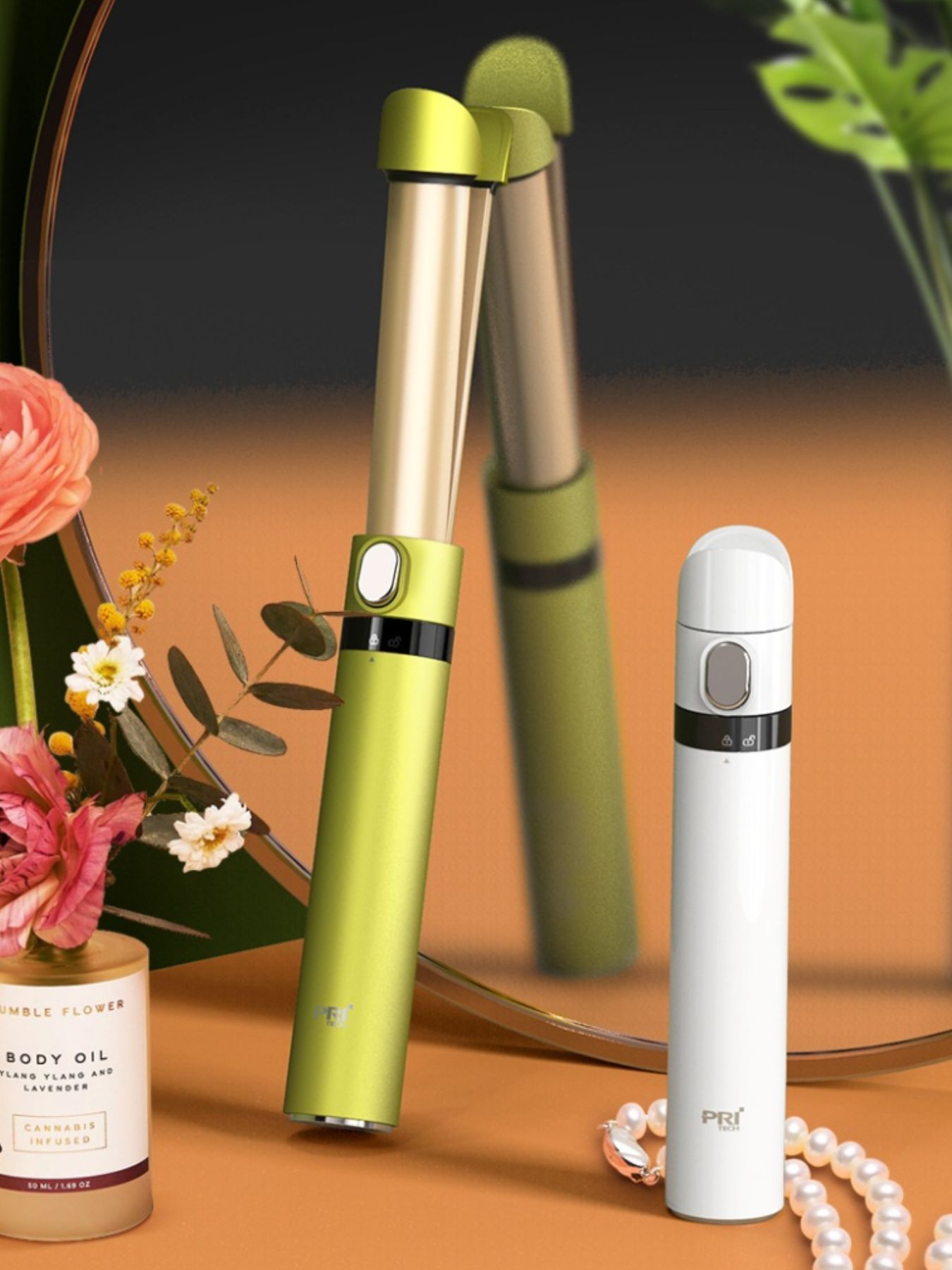 Yellow and green portable hair curling iron by Trendsi, compact design with a one-size barrel for easy styling on the go.