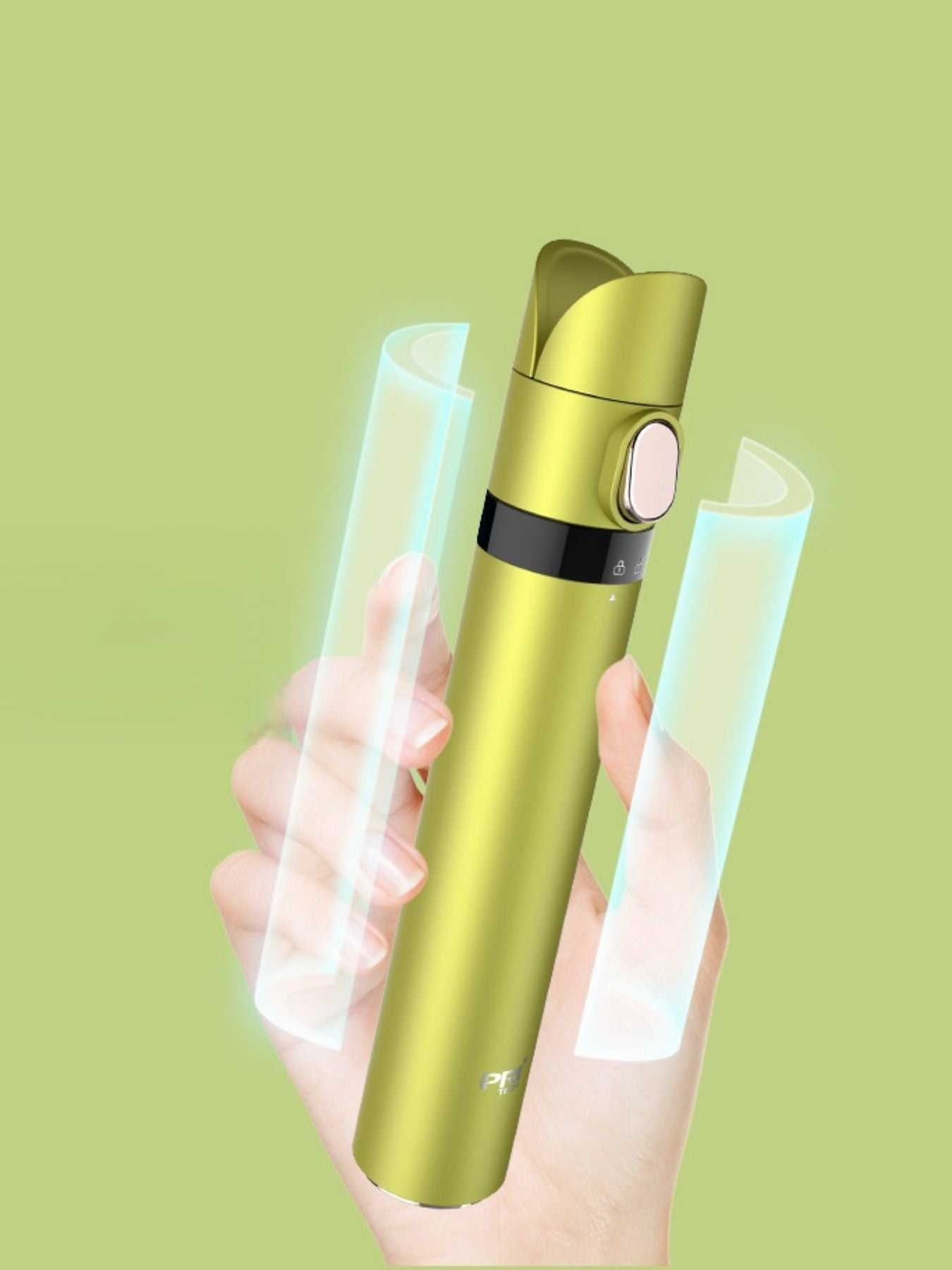 Yellow and green portable hair curling iron by Trendsi, compact design with a one-size barrel for easy styling on the go.