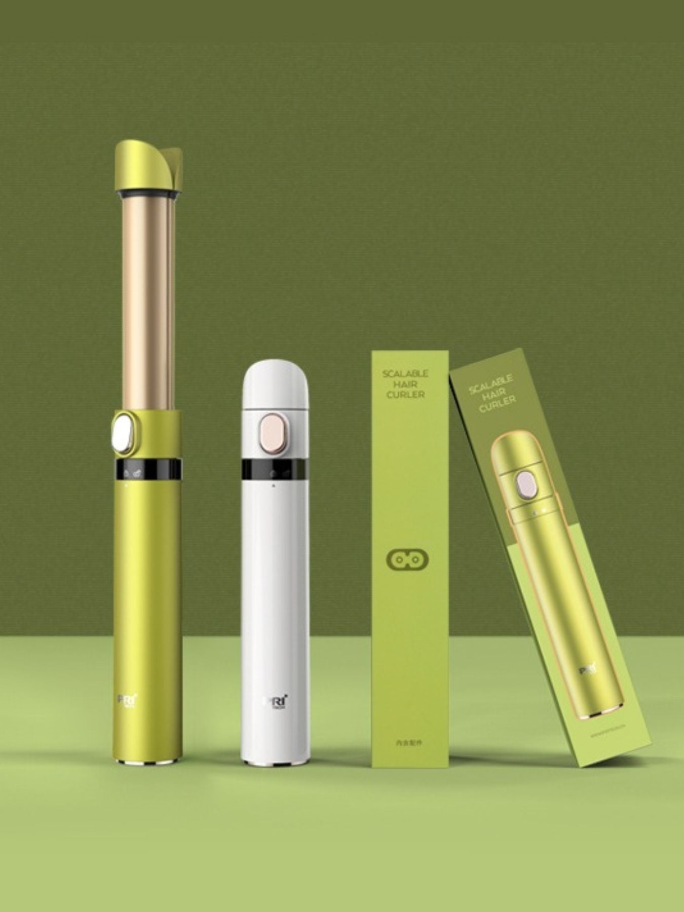Yellow-green portable hair curling iron by Trendsi, compact design with a curling barrel for easy styling on the go.