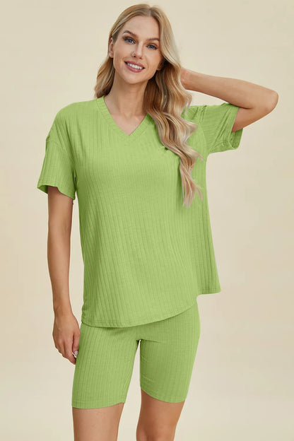 Yellow-green ribbed V-neck short sleeve top with matching shorts set by Trendsi, casual and comfortable summer outfit.