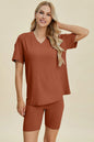 Yellow-green ribbed V-neck short sleeve top and matching shorts set by Trendsi, casual and comfortable women's loungewear.