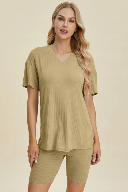 Yellow-green ribbed V-neck short sleeve top and matching shorts set by Trendsi, casual and comfortable summer outfit.