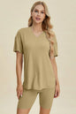 Yellow-green ribbed V-neck short sleeve top and matching shorts set by Trendsi, casual and comfortable summer outfit.