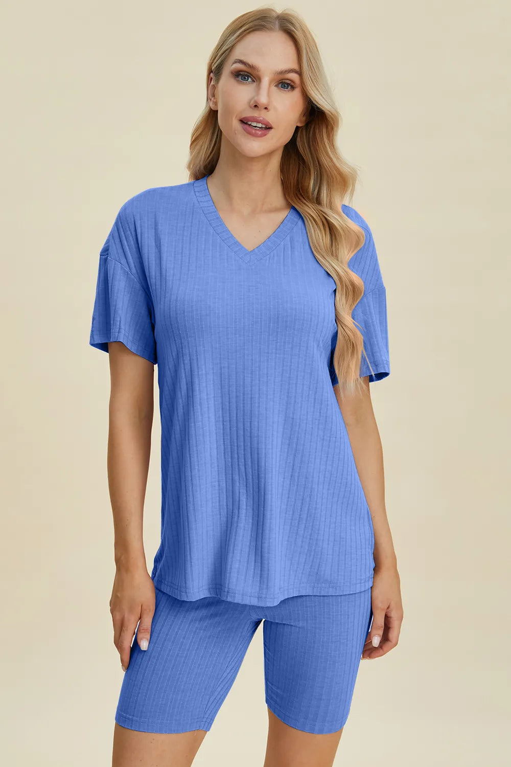 Yellow-green ribbed V-neck short sleeve top and matching shorts set by Trendsi, casual and comfortable summer outfit.
