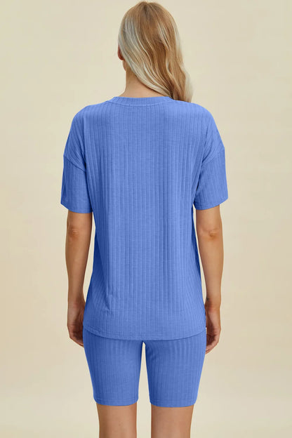 Yellow-green ribbed V-neck short sleeve top and matching shorts set from Trendsi, casual and comfortable summer outfit.
