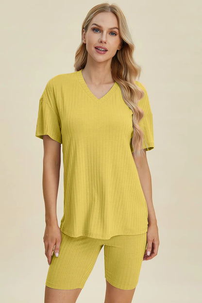 Yellow-green ribbed V-neck short sleeve top and matching shorts set by Trendsi, casual and comfortable summer outfit.