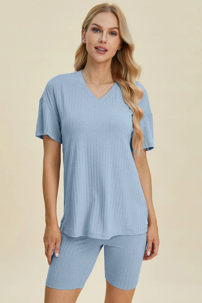 Yellow-green Trendsi Basic Bae ribbed V-neck short sleeve top and matching shorts set, full size, casual summer outfit.