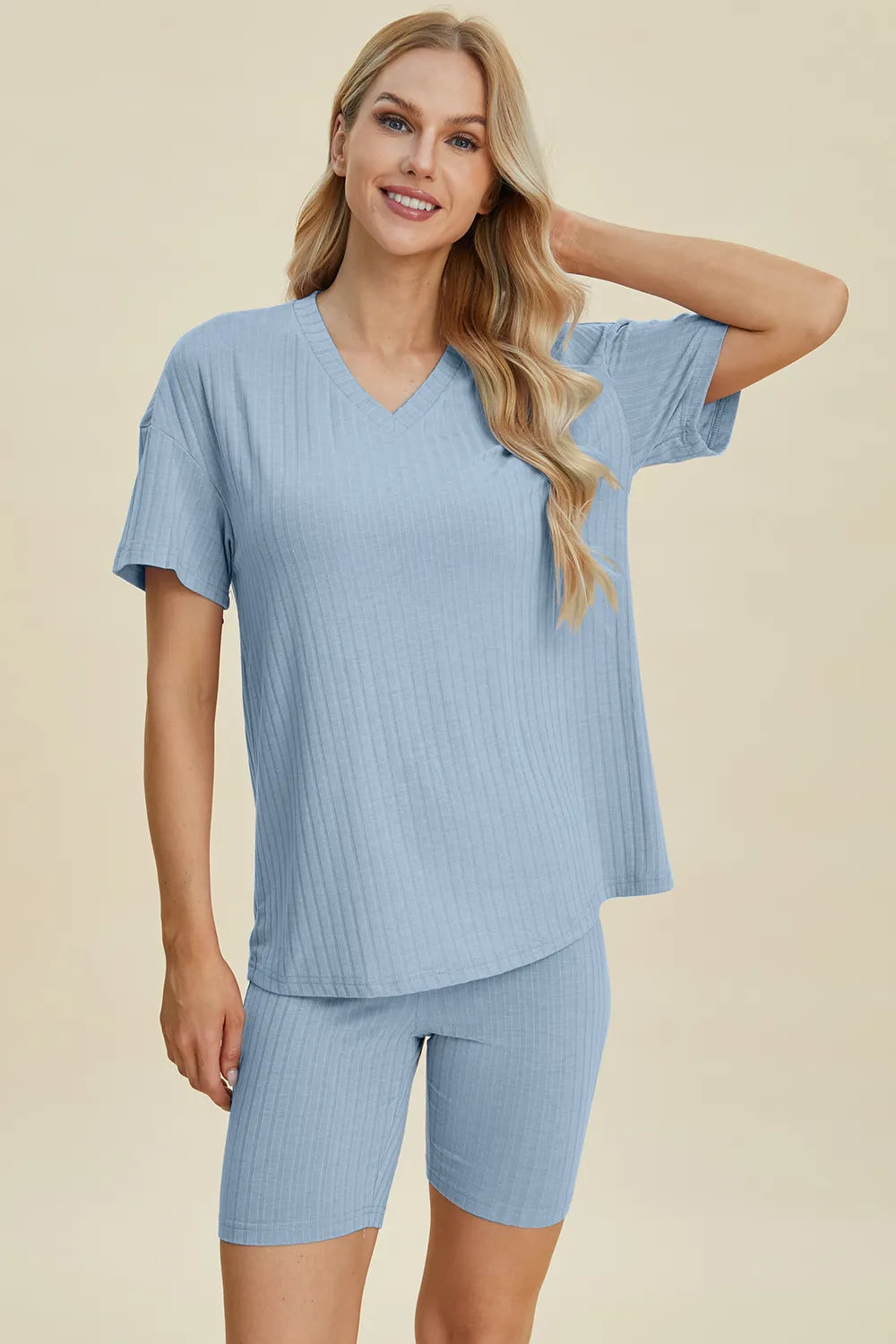 Yellow-green ribbed V-neck short sleeve top and matching shorts set by Trendsi, casual and comfortable summer outfit.