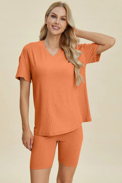 Yellow-green ribbed V-neck short sleeve top and matching shorts set by Trendsi, casual and comfortable for everyday wear.