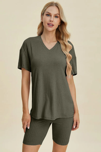 Yellow-green ribbed V-neck short sleeve top and matching shorts set by Trendsi, casual and comfortable summer outfit.