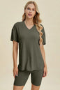 Yellow-green ribbed V-neck short sleeve top and matching shorts set by Trendsi, casual and comfortable summer outfit.
