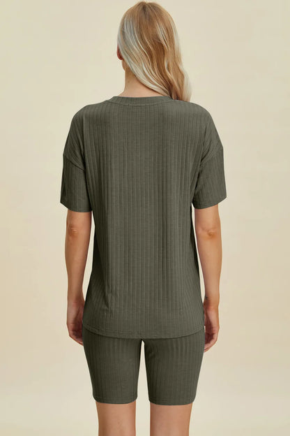 Yellow-green ribbed V-neck short sleeve top and matching shorts set by Trendsi, casual and comfortable for everyday wear.
