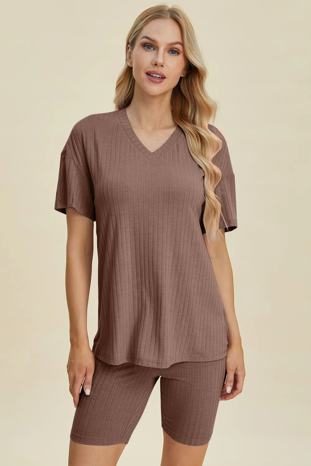 Yellow-green ribbed V-neck short sleeve top and matching shorts set from Trendsi, casual and comfortable summer outfit.