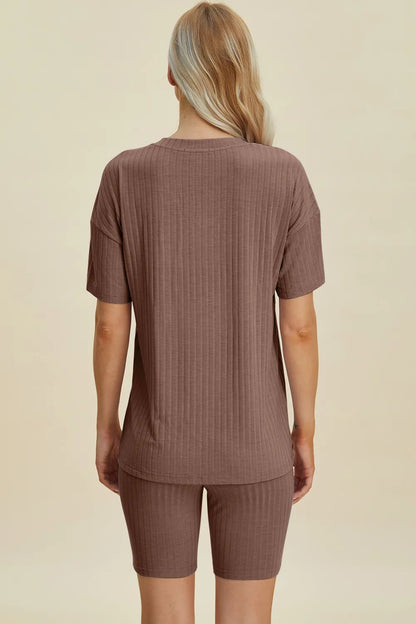 Yellow-green ribbed V-neck short sleeve top and shorts set by Trendsi, casual and comfortable full-size loungewear set.