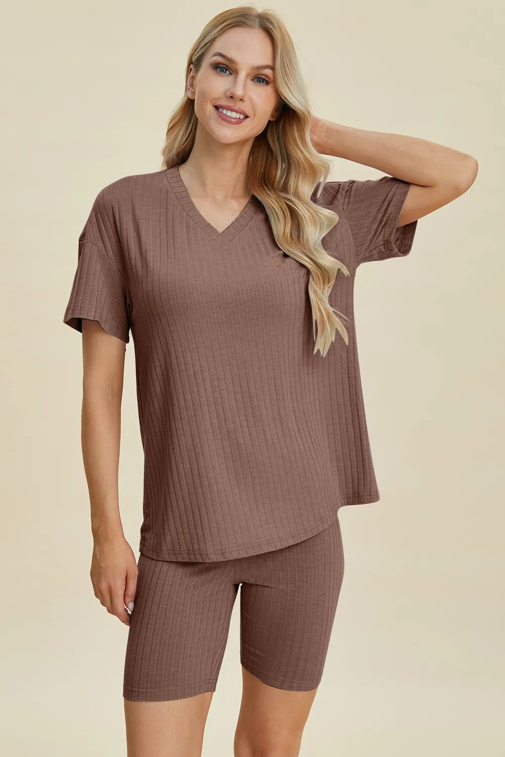 Yellow-green ribbed V-neck short sleeve top and matching shorts set by Trendsi, casual and comfortable summer outfit.