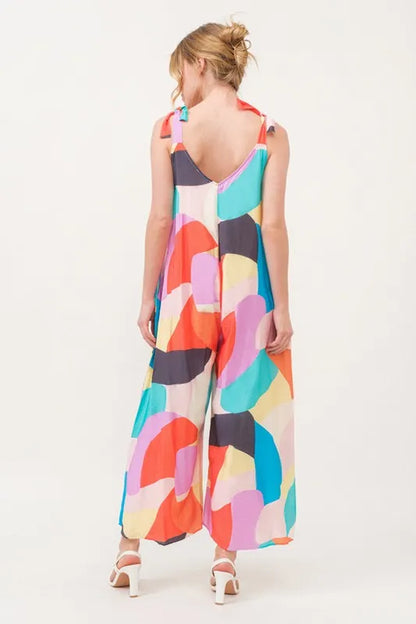 Yellow multi-color wide-leg jumpsuit with tied shoulder straps and geometric print by Trendsi