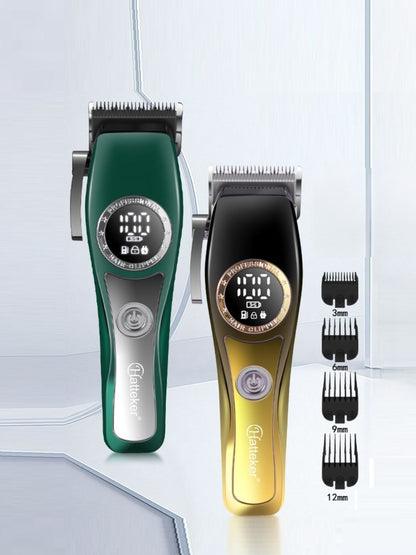 Yellow Trendsi cordless hair clipper with ergonomic design, shown with adjustable blades and rechargeable battery.