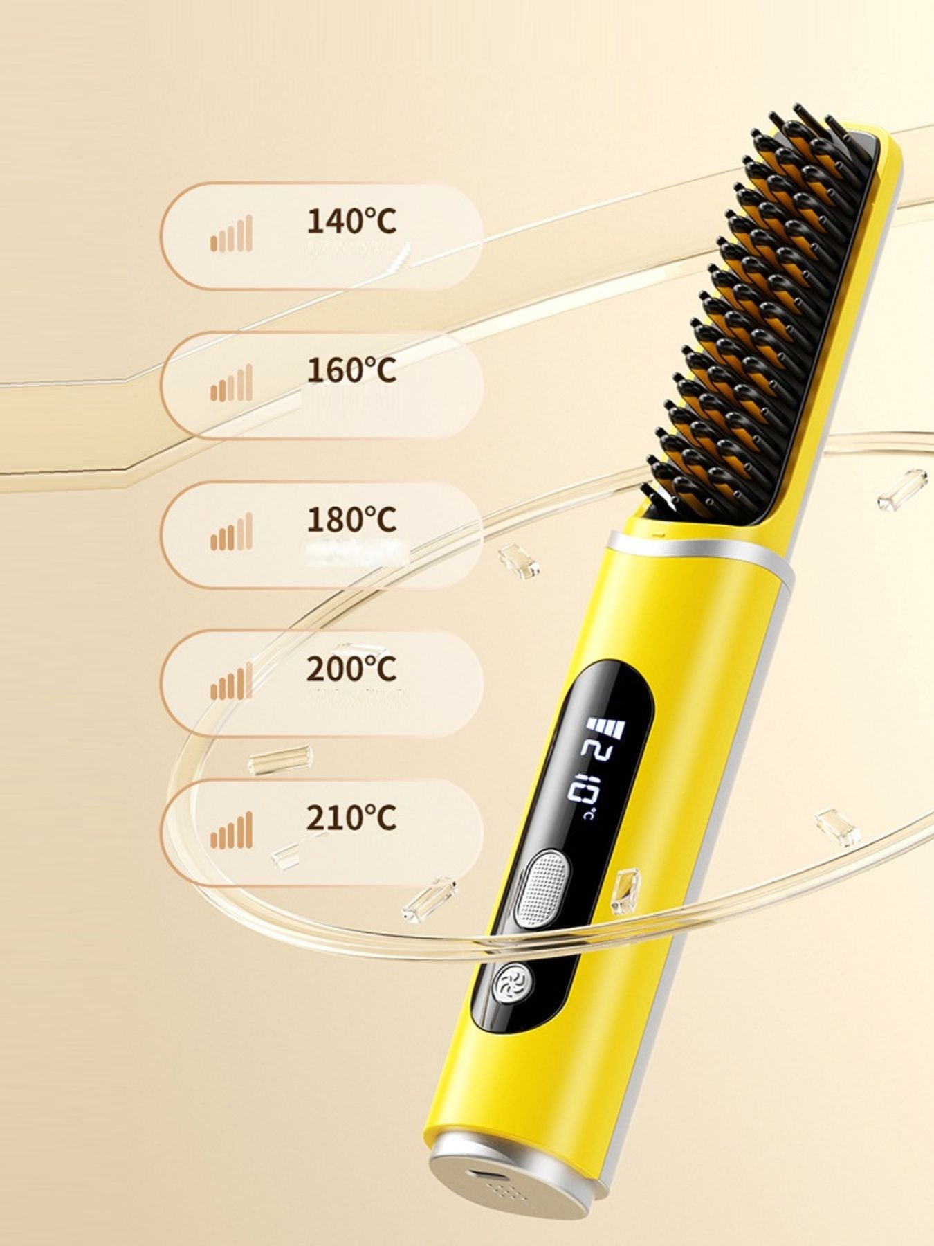 Yellow Trendsi fast heating hair straightening comb with wide teeth and digital temperature control, ready for sleek styling.