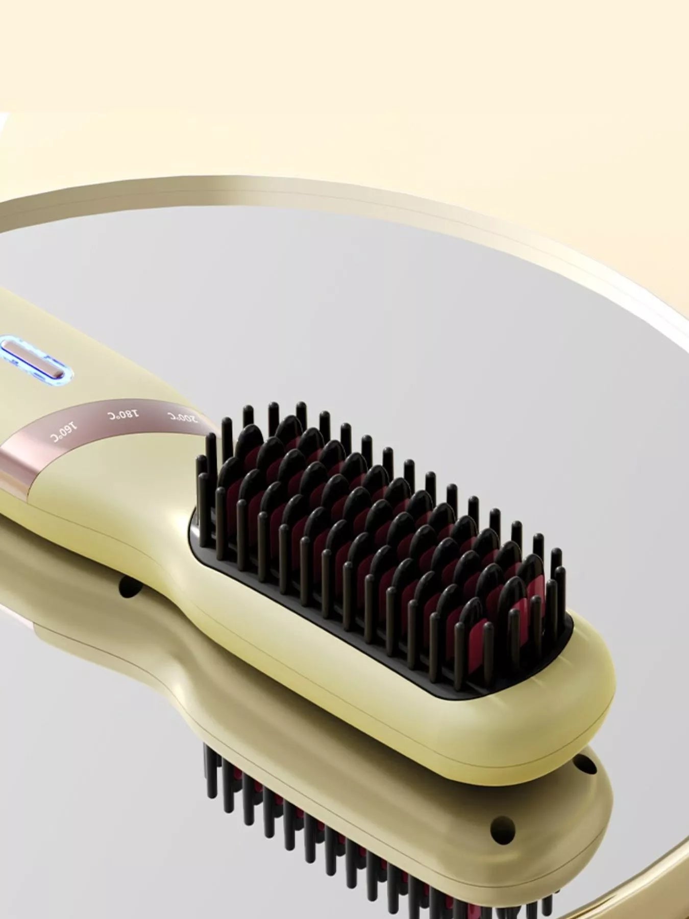 Yellow heated hair straightening comb by Trendsi, with adjustable temperature settings and wide teeth for smooth, straight hair.