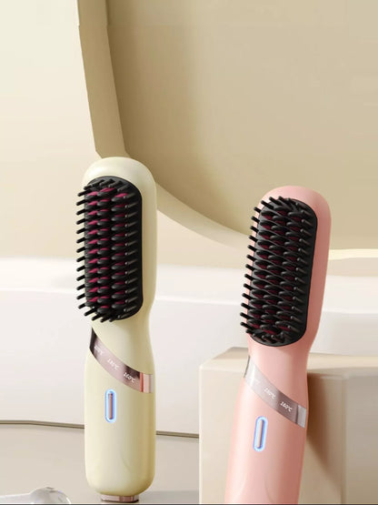 Yellow heated hair straightening comb from Trendsi, with ceramic plates and adjustable temperature for straightening hair.