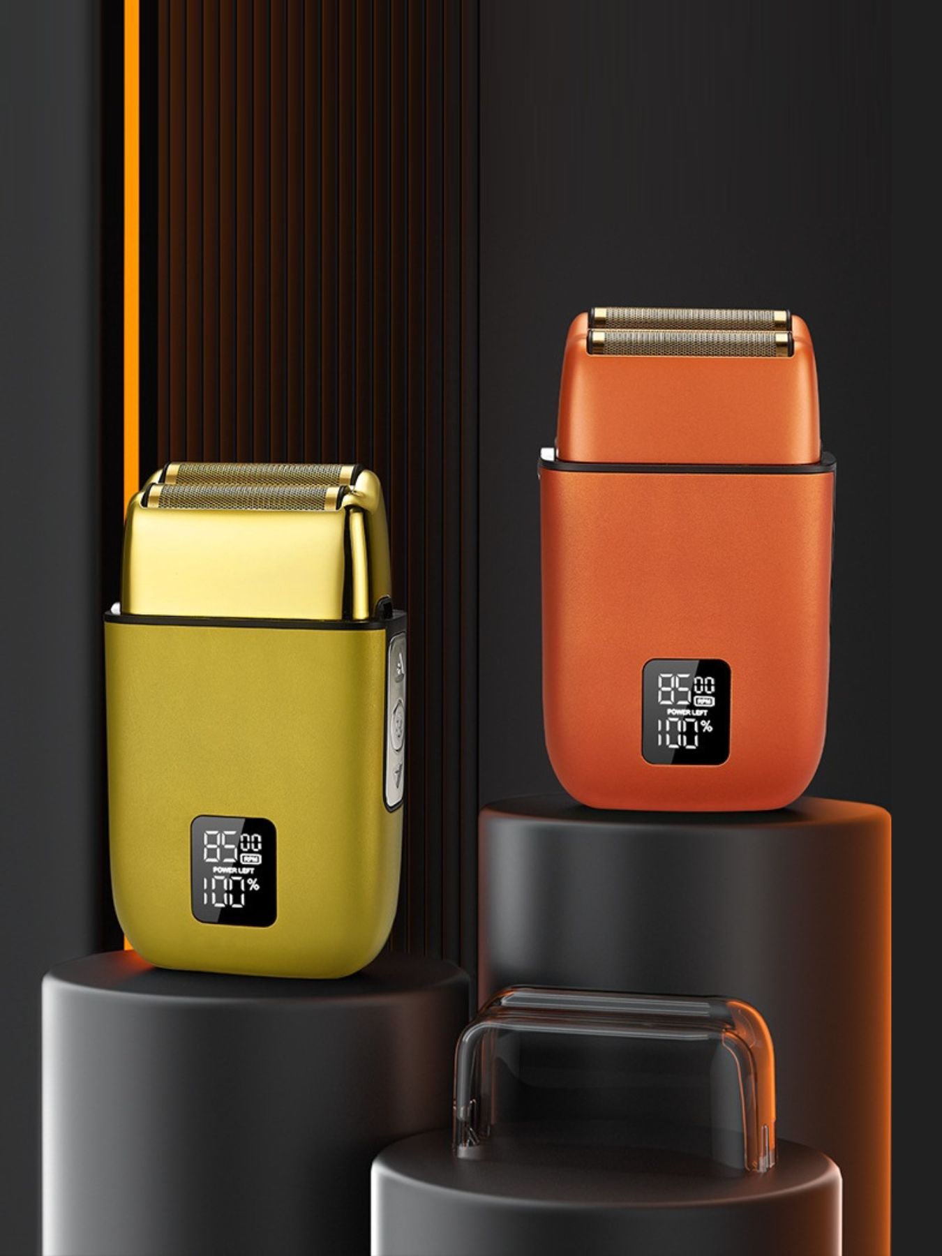 Yellow portable mini shaver with LED display, compact design, and easy grip, ideal for quick grooming on the go.