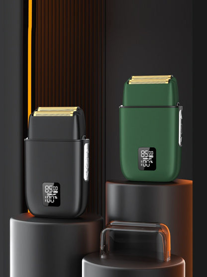 Yellow portable mini shaver with LED display, compact design, and ergonomic handle for easy grooming.