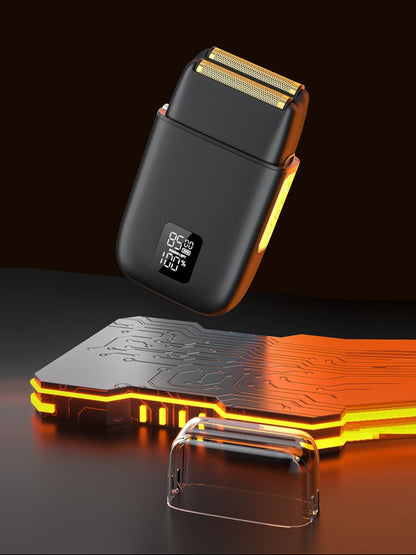 Yellow portable mini shaver with LED display, compact personal grooming device by Trendsi, shown with close-up of LED screen and shaving head.