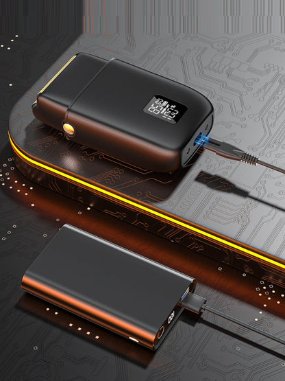 Yellow portable mini shaver with LED display, compact design, ideal for on-the-go grooming by Trendsi.