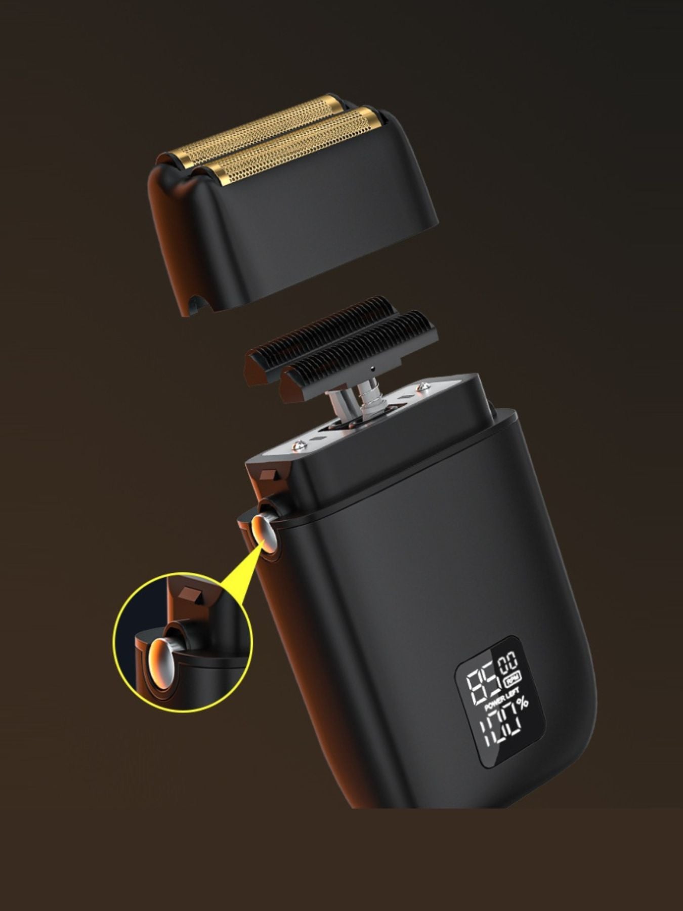 Yellow portable mini shaver with LED display, compact design, ideal for travel and personal grooming by Trendsi.