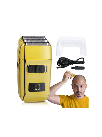 Yellow portable mini shaver with LED display, compact design, ideal for travel and personal grooming by Trendsi.