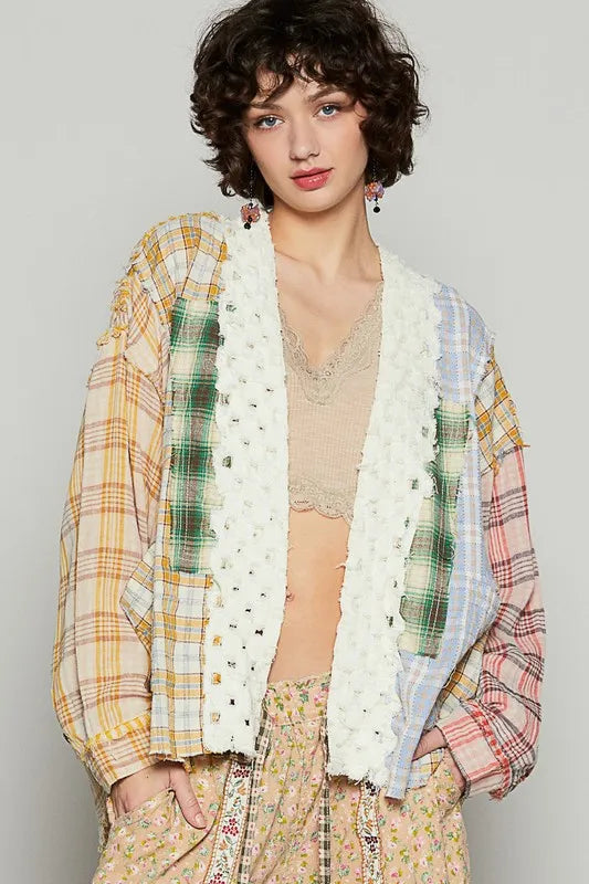 Yellow and red multi-colored plaid POL Raw Edge Open Front Cardigan by Trendsi, featuring a casual, open-front design with raw edge details.