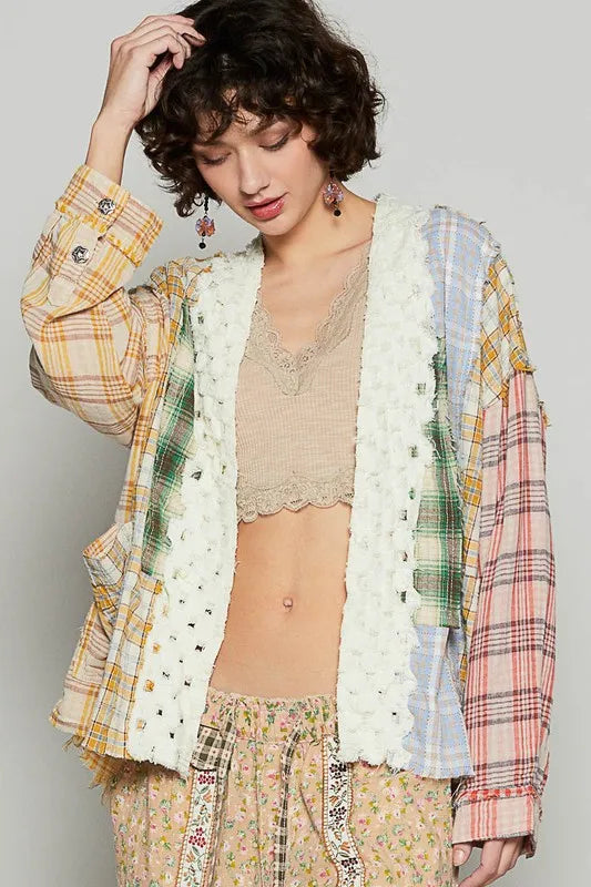 Yellow and red multi-colored plaid open front cardigan with raw edge details from POL by Trendsi.