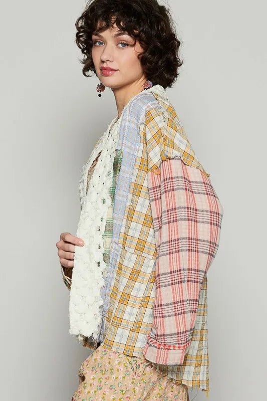 Yellow and red multi-color plaid open front cardigan with raw edge detailing from Trendsi.