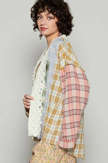 Yellow and red multi-color plaid open front cardigan with raw edge detailing from Trendsi.