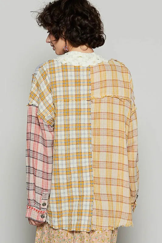 Yellow and red multi-color plaid open front cardigan with raw edges from Trendsi, featuring a cozy, stylish design.