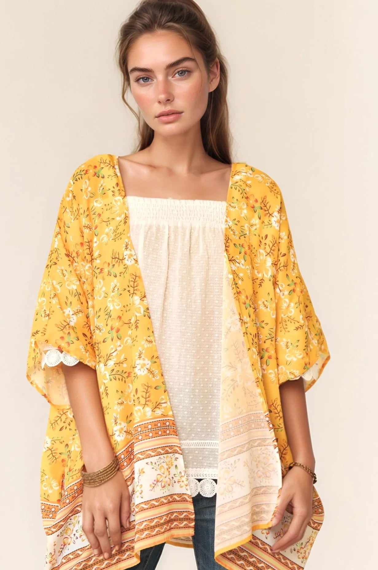 Yellow floral printed Davi & Dani loose-fit kimono cover-up with short sleeves, ideal for stylish beach or casual wear.